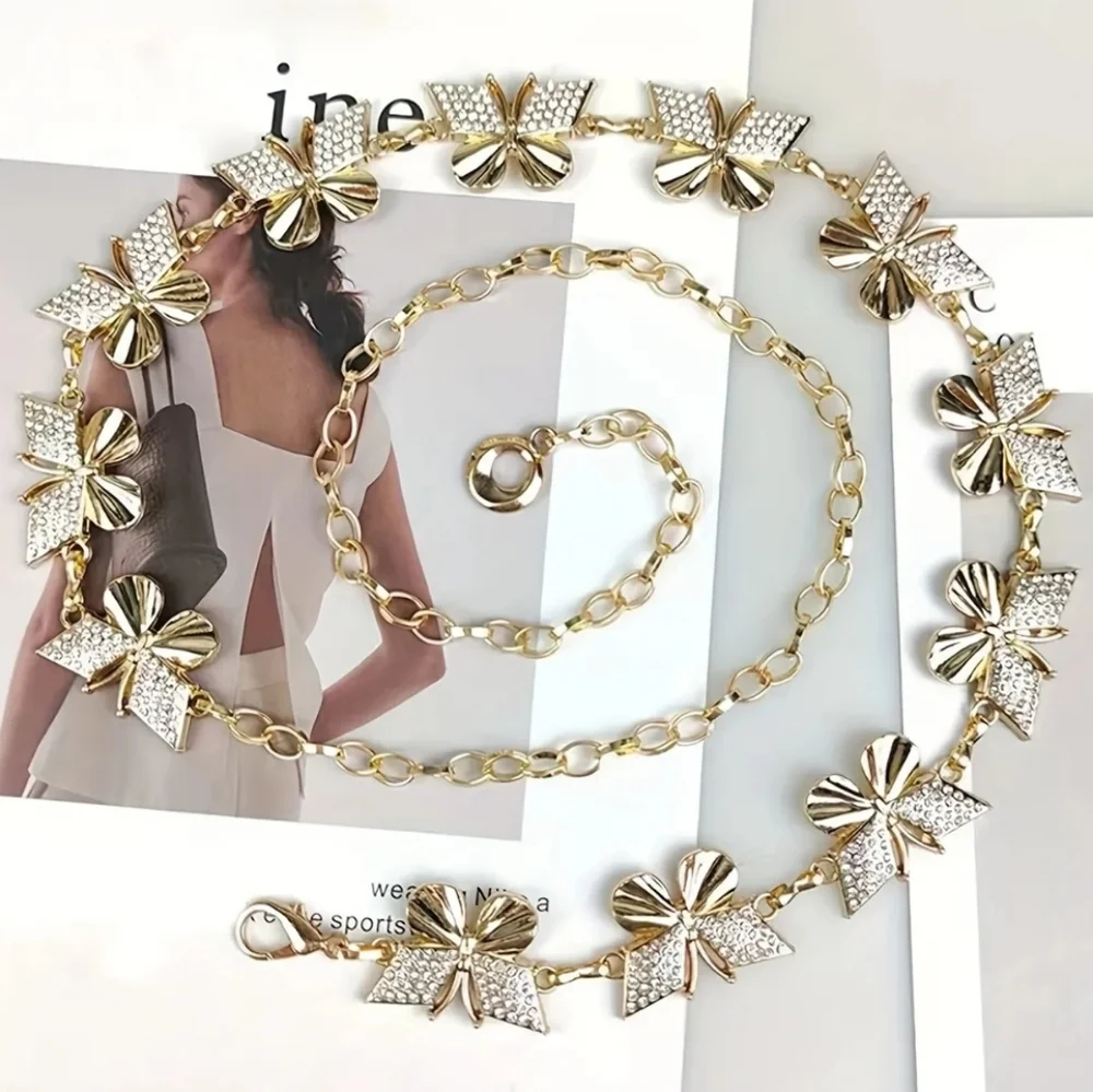 Y2K Butterfly Metal Rhinestone Stone Waist Chain